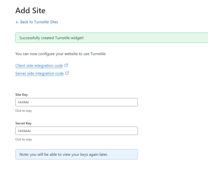 Step 5 - Copy the Site Key and Secret Key
